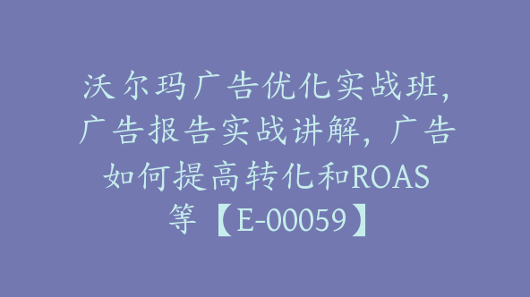 沃尔玛广告优化实战班，广告报告实战讲解，广告如何提高转化和ROAS等【E-00059】